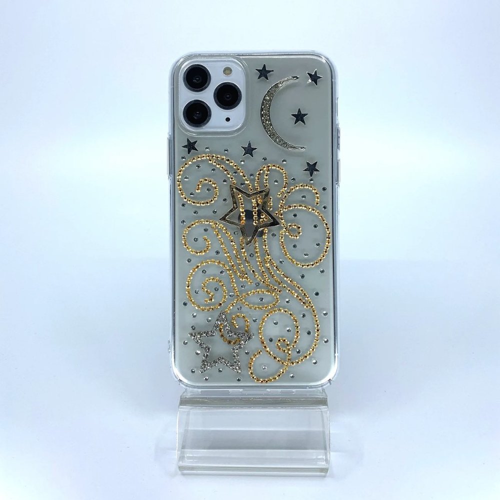 iPhone 11 Pro case. Protective PC material. Handmade. Gold and silver rhinestone